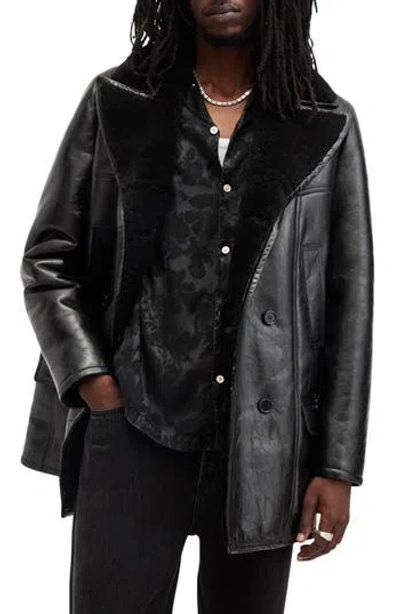 Allsaints Selkirk Shearling Lined Leather Peacoat In Black