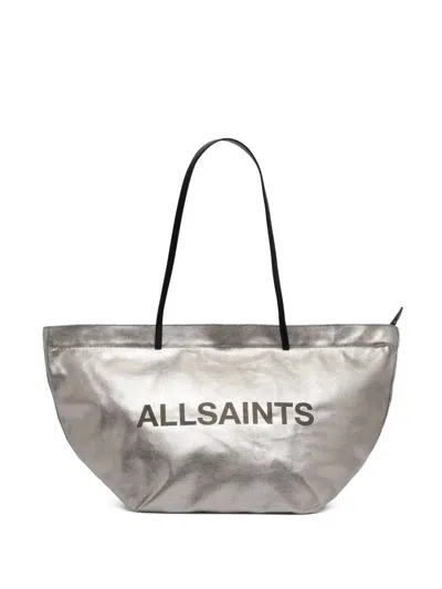 Allsaints Serafina Logo-print Metallic Tote Bag In Gray
