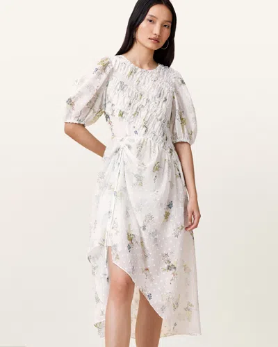 Allsaints Serene Floral Print Midi Dress In Laci Ecru White