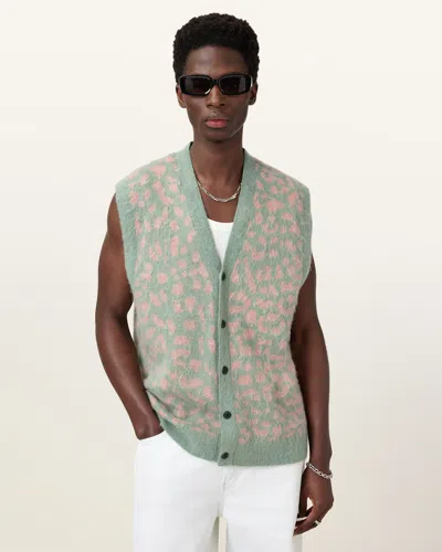 Allsaints Serge Leopard Jacquard Vest In Mineral Green