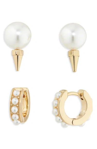 Allsaints Set Of 2 Faux Pearl Stud & Huggie Hoop Earrings In Gold