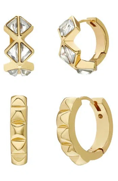 Allsaints Set Of 2 Geometric Crystal Huggie Hoop Earrings In Gold