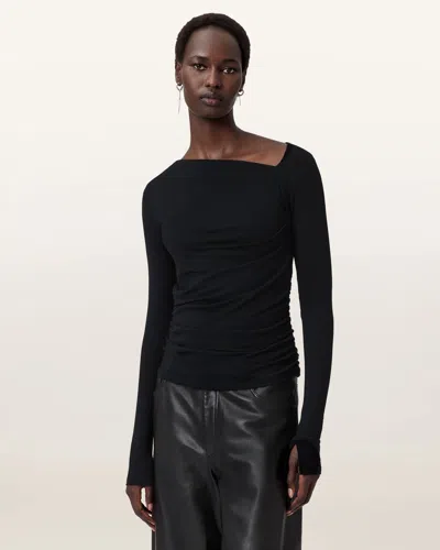 Allsaints Seyma Asymmetric Neck Jersey Top In Black