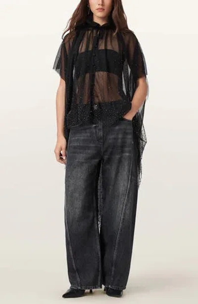 Allsaints Sez Embellished Sheer Tulle Cape In Black