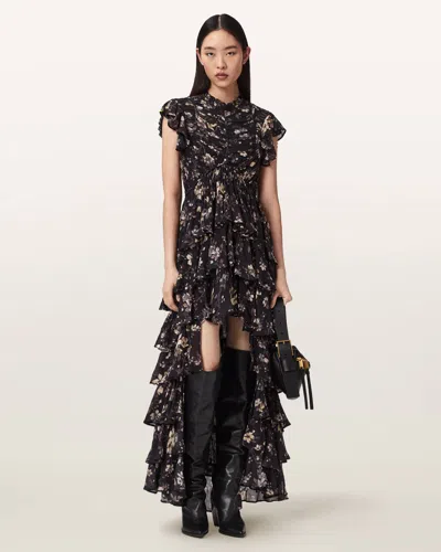 Allsaints Shaela Floral Frill Maxi Dress In Black