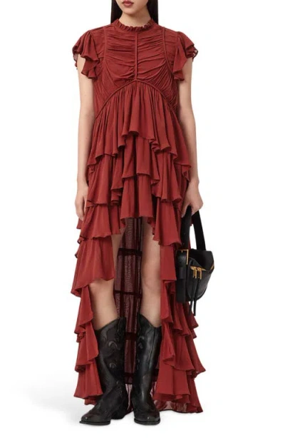 Allsaints Shaela Tiered Ruffle High-low Dress In Brown