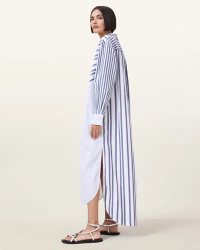 Allsaints Shannon Striped Shirt Maxi Dress In White/blue