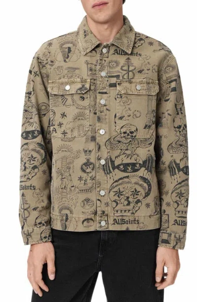 Allsaints Sherb Tattoo Graphics Canvas Logo Shirt Jacket In Brown