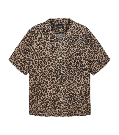 Allsaints Mens Bronze Brown Leopardone Hawaiian-collar Short-sleeve Linen And Cotton-blend Shirt