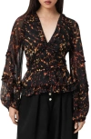 Allsaints Ruffled Animal-print Blouse In Black