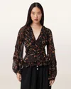 Allsaints Ruffled Animal-print Blouse In Black