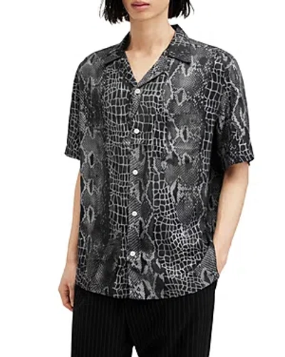 Allsaints Skrale Snake Print Relaxed Fit Shirt In Jet Black