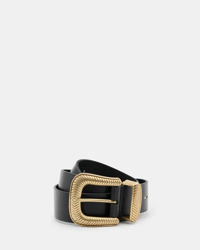 Allsaints Skylar Western Buckle Leather Belt In Black/warm Brass