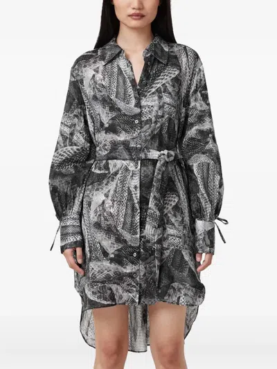 Allsaints Snakeskin-print Belted Shirt Dress In Gray