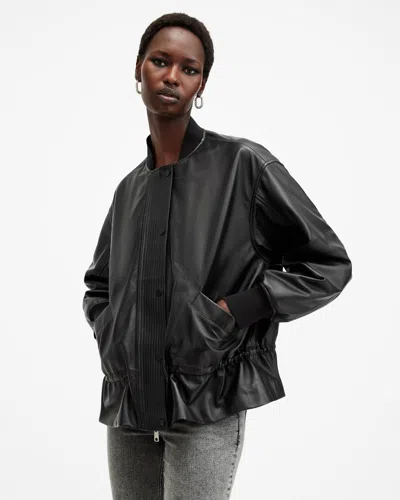 Allsaints Sofi Drawstring Leather Bomber Jacket In Black