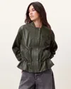 Allsaints Sofi Drawstring Leather Bomber Jacket In Military Green