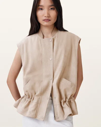 Allsaints Sofi Relaxed Fit Leather Gilet In Silver Birch Grey