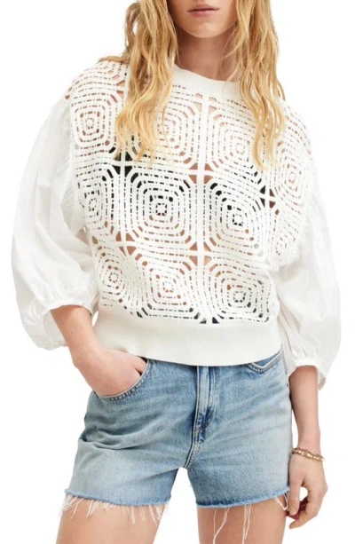Allsaints Sol Mixed Media Lace Top In Chalk White