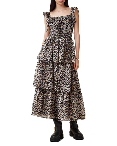 Allsaints Solonda Leopard Print Ruffle Dress In Leppo Yellow