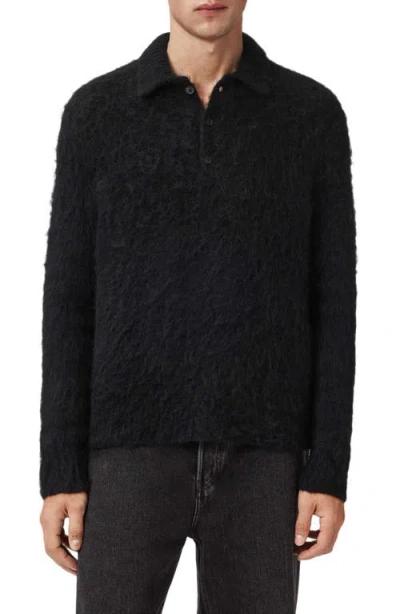 Allsaints Sonny Long Sleeve Hairy Alpaca & Wool Blend Polo In Black