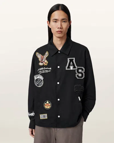 Allsaints Soundman Embroidered Patch Logo Varsity Jacket In Black
