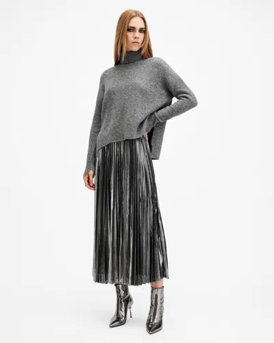 Allsaints Spark 2-in-1 Pleated Maxi Dress In Grey Marl/silver