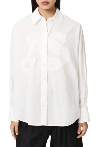 Allsaints Sparrow Embrodiered Logo Appliqué Linen & Cotton Button-up Shirt In White