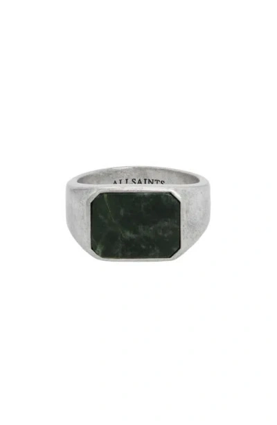 Allsaints Sterling Silver Green Jade Signet Ring In Warm Silver/green