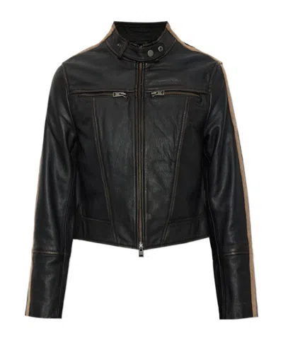 Allsaints Striped Biker Leather Jacket In Black