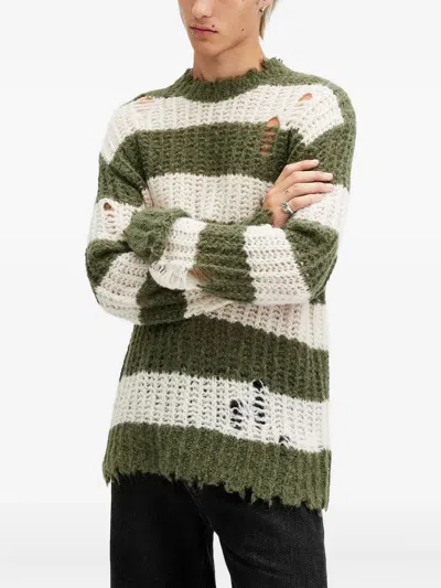 Allsaints Striped-pattern Distressed Knitted Sweater In Green