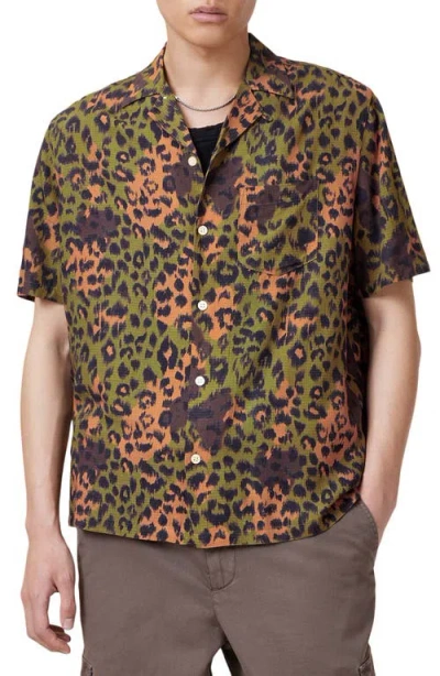 Allsaints Styx Leopard Print Ripstop Camp Shirt In Military Green