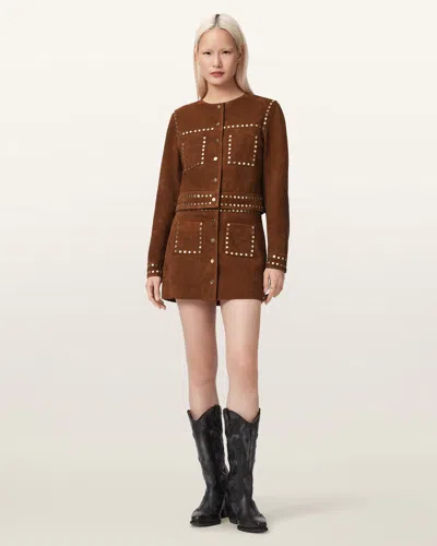 Allsaints Suede Alice Suede Studded Cropped Trucker Jacket In Brown