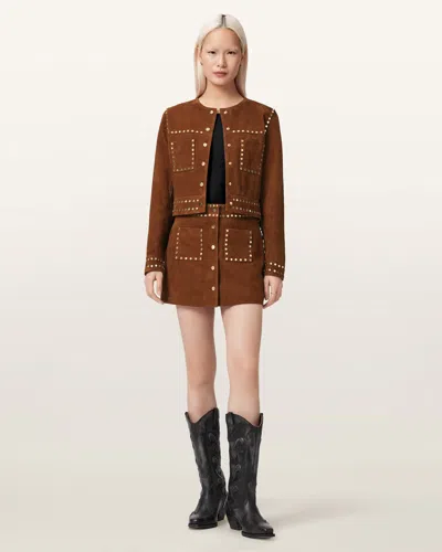 Allsaints Suede Alice Suede Studded Mini Skirt In Brown