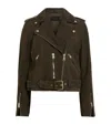 Allsaints Womens Tarmac Green Balfern Belted-waist Slim-fit Suede Biker Jacket In Green