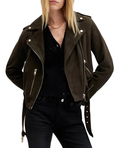 Allsaints Balfern Belted Suede Biker Jacket In Tarmac Green