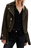 Allsaints Balfern Belted Suede Biker Jacket In Tarmac Green