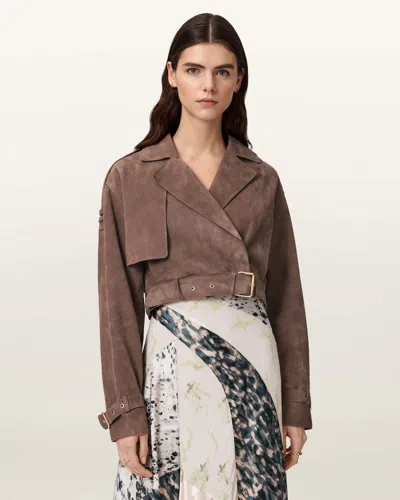 Allsaints Suede Ophelia Cropped Suede Jacket In Brown