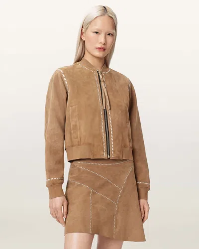 Allsaints Suede Orten Whipstitch Suede Bomber Jacket In Brown