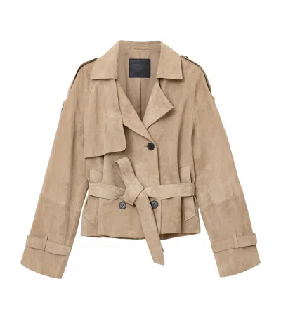 Allsaints Reed Short Belted Suede Trench Coat In Brown