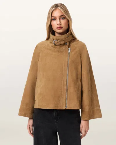 Allsaints Womens Camel Brown Rhodes Funnel-neck Suede Jacket