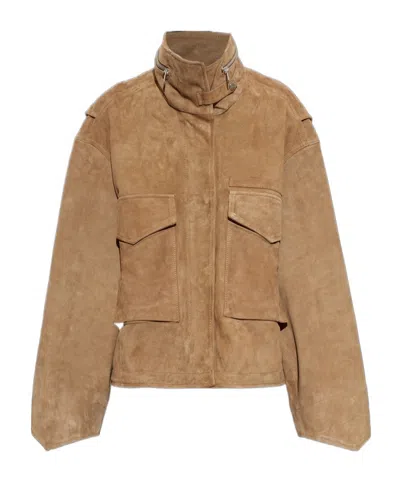Allsaints Suede Stand Collar Cargo Jacket In Brown