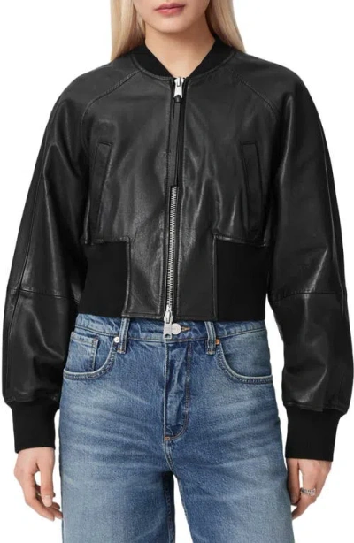 Allsaints Womens Black Suri Zip-up Cropped Leather Bomber Jacket