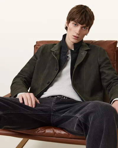 Allsaints Survey Double Layered Leather Blazer In Dark Olive