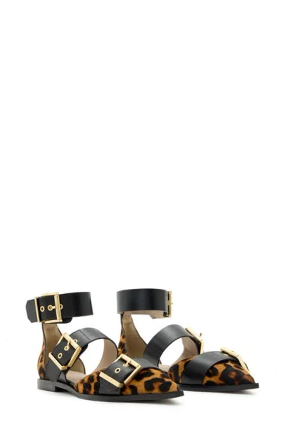 Allsaints Sutton Ankle Strap Pointed Toe Flat In Leopard Brown/black