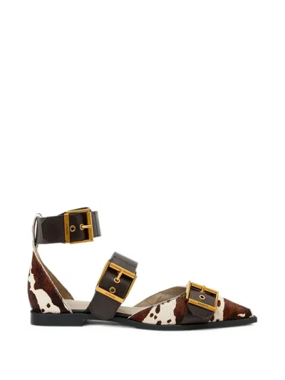 Allsaints Sutton Cow-print Buckled Ballet Flats In Brown