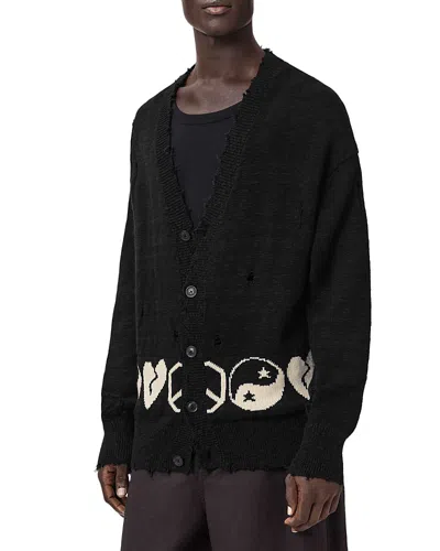 Allsaints Tabua Oversized Fit Knit Graphic Cardigan In Black