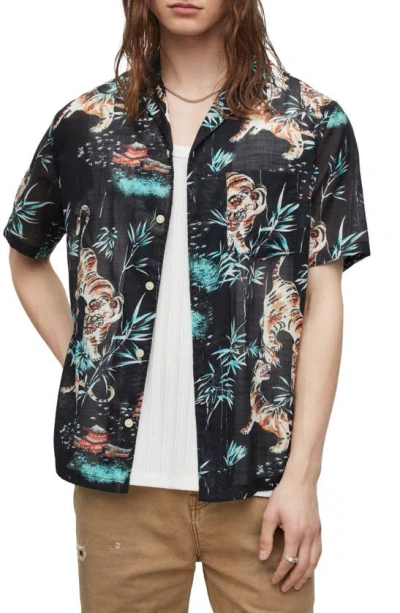 Allsaints Tagise Relaxed Fit Tiger Print Short Sleeve Cotton Button-up Shirt In Jet Black