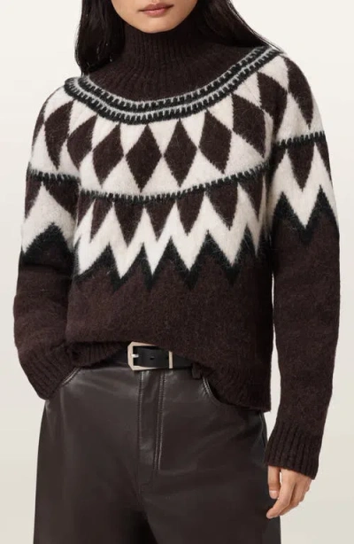 Allsaints Tara Fair Isle Alpaca & Wool Blend Turtleneck Sweater In Burgundy
