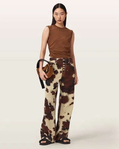 Allsaints Taya Cow Print Denim Jeans In Brown