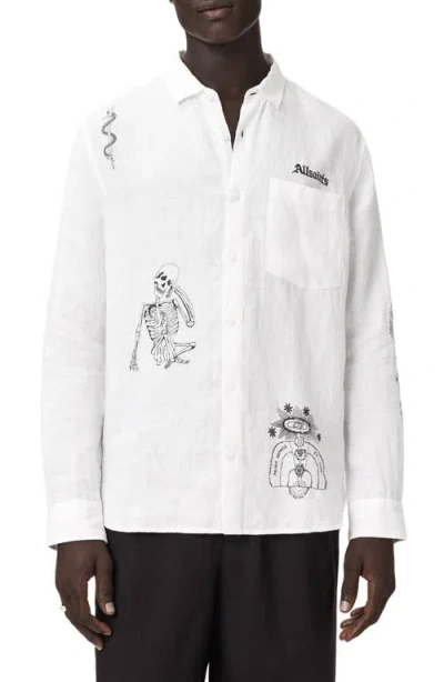 Allsaints Mens White Terror Graphic-print Linen Shirt Xxl